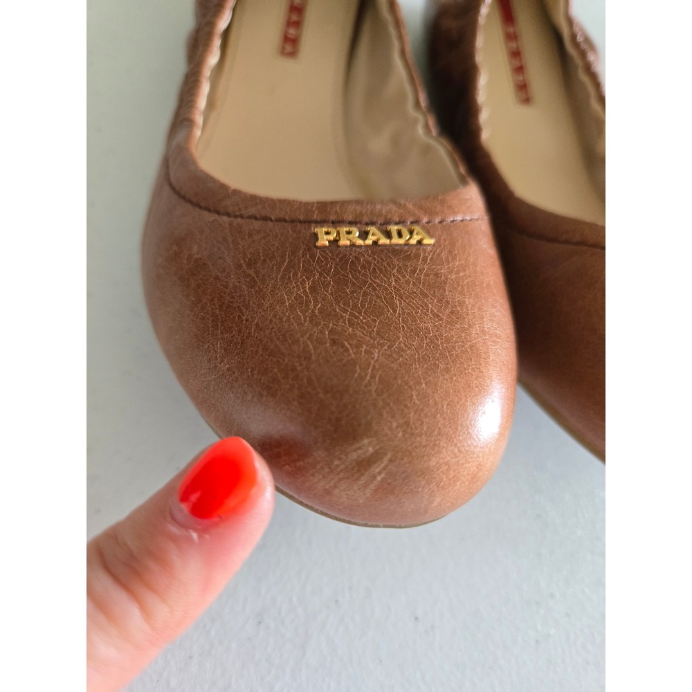 Prada Designer Brown Leather Elastic Scrunch Ballet Flats Gold Logo Womens 37.5 - Picture 7 of 9